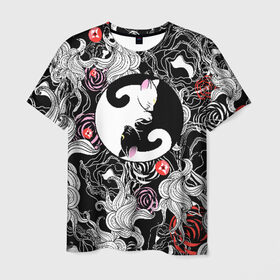 Мужская футболка 3D с принтом Инь-Янь Котики в Курске, 100% полиэфир | прямой крой, круглый вырез горловины, длина до линии бедер | домашние животные | животные | инь янь | котики | милость | растение | цветы