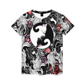 Женская футболка 3D с принтом Инь-Янь Котики в Курске, 100% полиэфир ( синтетическое хлопкоподобное полотно) | прямой крой, круглый вырез горловины, длина до линии бедер | домашние животные | животные | инь янь | котики | милость | растение | цветы