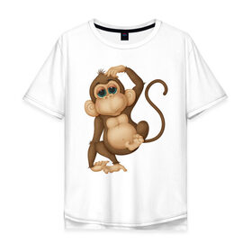 Мужская футболка хлопок Oversize с принтом Обезьяна Чи-чи-чи в Курске, 100% хлопок | свободный крой, круглый ворот, “спинка” длиннее передней части | веселая обезьяна | веселые животные | забавный мишка | медведь | мишка | обезьяна | смешные животные