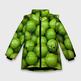 Зимняя куртка для девочек 3D с принтом Зелёные яблоки в Курске, ткань верха — 100% полиэстер; подклад — 100% полиэстер, утеплитель — 100% полиэстер. | длина ниже бедра, удлиненная спинка, воротник стойка и отстегивающийся капюшон. Есть боковые карманы с листочкой на кнопках, утяжки по низу изделия и внутренний карман на молнии. 

Предусмотрены светоотражающий принт на спинке, радужный светоотражающий элемент на пуллере молнии и на резинке для утяжки. | fruits | green | green apples | many apples | зелёные яблоки | зелёный | много яблок. | фрукты