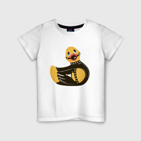 Детская футболка хлопок с принтом Уточка bdsm в Курске, 100% хлопок | круглый вырез горловины, полуприлегающий силуэт, длина до линии бедер | Тематика изображения на принте: кляп | кожа | латекс | птица | утка | уточка