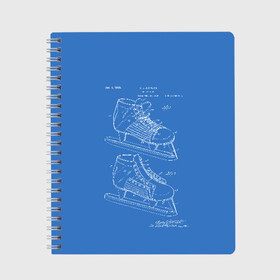 Тетрадь с принтом Patent - hocey в Курске, 100% бумага | 48 листов, плотность листов — 60 г/м2, плотность картонной обложки — 250 г/м2. Листы скреплены сбоку удобной пружинной спиралью. Уголки страниц и обложки скругленные. Цвет линий — светло-серый
 | patent | зима | игра | идея | история | коньки | лёд | патент | разработка | сибирь | спорт | хокей | хоккей | чертеж | чертежи