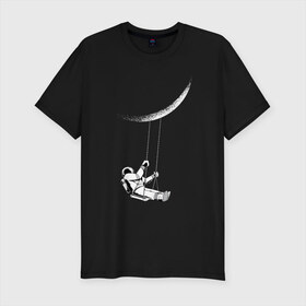 Мужская футболка хлопок Slim с принтом Космонавт на луне в Курске, 92% хлопок, 8% лайкра | приталенный силуэт, круглый вырез ворота, длина до линии бедра, короткий рукав | galaxy | nasa | астронавт | в космосе | галактика | космонавт | космос | луна | на луне | наса