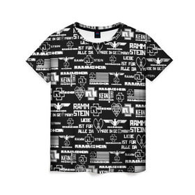 Женская футболка 3D с принтом RAMMSTEIN в Курске, 100% полиэфир ( синтетическое хлопкоподобное полотно) | прямой крой, круглый вырез горловины, длина до линии бедер | metallica | rammstein | rock | металл | музыка | раммштайн | рок