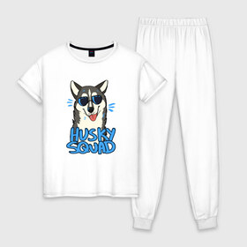 Женская пижама хлопок с принтом Хаски в Курске, 100% хлопок | брюки и футболка прямого кроя, без карманов, на брюках мягкая резинка на поясе и по низу штанин | собака | собака в очках | хаски