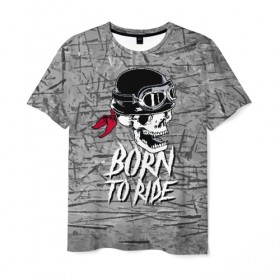 Мужская футболка 3D с принтом Born to ride в Курске, 100% полиэфир | прямой крой, круглый вырез горловины, длина до линии бедер | bandana | grin | helmet | jaw | metal | skull | teeth | бандана | зубы | каска | металл | оскал | очки | череп