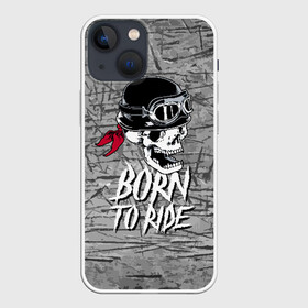 Чехол для iPhone 13 mini с принтом Born to ride в Курске,  |  | bandana | grin | helmet | jaw | metal | skull | teeth | бандана | зубы | каска | металл | оскал | очки | череп