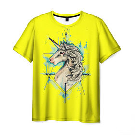 Мужская футболка 3D с принтом Единорог Yellow Unicorn в Курске, 100% полиэфир | прямой крой, круглый вырез горловины, длина до линии бедер | unicorn | yellow unicorn | единорог | единорожки | животные | лошади