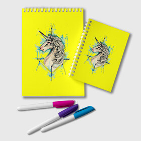 Блокнот с принтом Единорог Yellow Unicorn в Курске, 100% бумага | 48 листов, плотность листов — 60 г/м2, плотность картонной обложки — 250 г/м2. Листы скреплены удобной пружинной спиралью. Цвет линий — светло-серый
 | unicorn | yellow unicorn | единорог | единорожки | животные | лошади