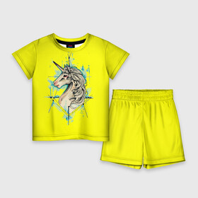 Детский костюм с шортами 3D с принтом Единорог Yellow Unicorn в Курске,  |  | Тематика изображения на принте: unicorn | yellow unicorn | единорог | единорожки | животные | лошади
