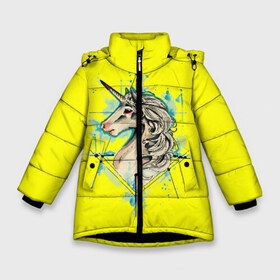 Зимняя куртка для девочек 3D с принтом Единорог Yellow Unicorn в Курске, ткань верха — 100% полиэстер; подклад — 100% полиэстер, утеплитель — 100% полиэстер. | длина ниже бедра, удлиненная спинка, воротник стойка и отстегивающийся капюшон. Есть боковые карманы с листочкой на кнопках, утяжки по низу изделия и внутренний карман на молнии. 

Предусмотрены светоотражающий принт на спинке, радужный светоотражающий элемент на пуллере молнии и на резинке для утяжки. | Тематика изображения на принте: unicorn | yellow unicorn | единорог | единорожки | животные | лошади