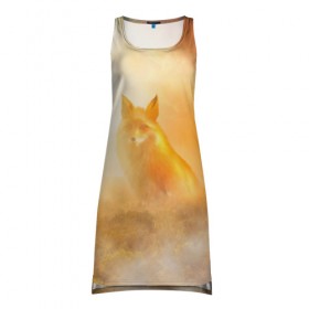 Платье-майка 3D с принтом Лисичка в тумане в Курске, 100% полиэстер | полуприлегающий силуэт, широкие бретели, круглый вырез горловины, удлиненный подол сзади. | animals | forest | fox | арт | животное | лес | лиса | лисичка | облака | рисунок | рыжая лиса | туман