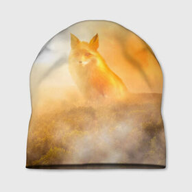 Шапка 3D с принтом Лисичка в тумане в Курске, 100% полиэстер | универсальный размер, печать по всей поверхности изделия | Тематика изображения на принте: animals | forest | fox | арт | животное | лес | лиса | лисичка | облака | рисунок | рыжая лиса | туман