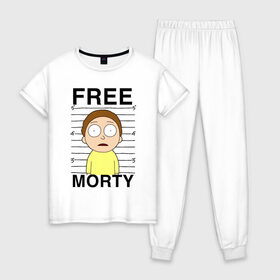 Женская пижама хлопок с принтом Free Morty в Курске, 100% хлопок | брюки и футболка прямого кроя, без карманов, на брюках мягкая резинка на поясе и по низу штанин | Тематика изображения на принте: c 137 | morty | morty smith | portal | rick | rick and morty | rick sanchez | sanchez | smith | морти | морти смит | портал | рик | рик и морти | рик санчез | санчез | смит