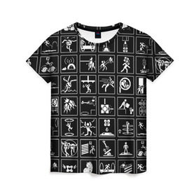Женская футболка 3D с принтом Portal icons в Курске, 100% полиэфир ( синтетическое хлопкоподобное полотно) | прямой крой, круглый вырез горловины, длина до линии бедер | half life | головоломка | иконки | пиктограммы | портал | телепорт