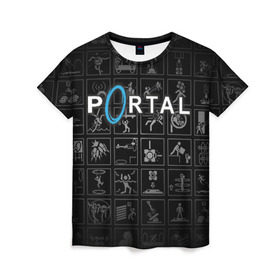 Женская футболка 3D с принтом Portal icons в Курске, 100% полиэфир ( синтетическое хлопкоподобное полотно) | прямой крой, круглый вырез горловины, длина до линии бедер | half life | головоломка | иконки | пиктограммы | портал | телепорт