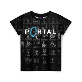 Детская футболка 3D с принтом Portal icons в Курске, 100% гипоаллергенный полиэфир | прямой крой, круглый вырез горловины, длина до линии бедер, чуть спущенное плечо, ткань немного тянется | Тематика изображения на принте: half life | головоломка | иконки | пиктограммы | портал | телепорт