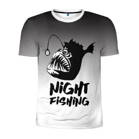 Мужская футболка 3D спортивная с принтом Рыба удильщик в Курске, 100% полиэстер с улучшенными характеристиками | приталенный силуэт, круглая горловина, широкие плечи, сужается к линии бедра | Тематика изображения на принте: angler | fin | fishing | jaw | lantern | night | rod | tail | teeth | глубина | зубы | ночь | плавник | рыбалка | удильщик | удочка | фонарик | хвост