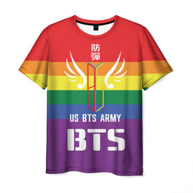Мужская футболка 3D с принтом BTS Army в Курске, 100% полиэфир | прямой крой, круглый вырез горловины, длина до линии бедер | army | bangtan boys | beyond the scene | boys | bts | chin | edm | emblem | fans | hieroglyphs | hip hop | jimin | k pop | logo | rainbow | rb | rm | south korean | армия | бойбенд | ви | джей хоуп | иероглифы | логотип | мальчики | радуга | сюга | 
