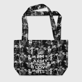 Пляжная сумка 3D с принтом I am army and I lover BTS в Курске, 100% полиэстер | застегивается на металлическую кнопку; внутренний карман застегивается на молнию. Стенки укреплены специальным мягким материалом, чтобы защитить содержимое от несильных ударов
 | bangtan boys | beyond the scene | boyband | boys | bts | chin | chonguk | collage | crown | edm | flowers | hip hop | jimin | jj hope | k pop | photo | r  b | rm | south korean | suga | wee | бойбенд | ви | джей хоуп | коллаж | корона | мальчики | с