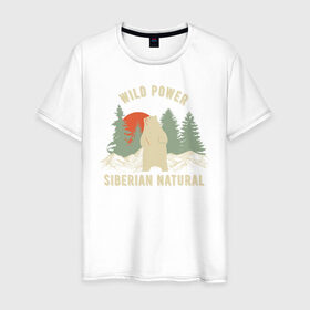 Мужская футболка хлопок с принтом Сибирь. Дикая сила в Курске, 100% хлопок | прямой крой, круглый вырез горловины, длина до линии бедер, слегка спущенное плечо. | im from siberia | алтай | альпинизм | горы | дикая сила | дикий | медведь | новосибирск | природа | сибирский федеральный | сибирь | сибиряк | туризм | турист | хк сибирь | я из сибири