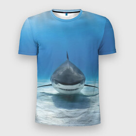 Мужская футболка 3D спортивная с принтом Анфас в Курске, 100% полиэстер с улучшенными характеристиками | приталенный силуэт, круглая горловина, широкие плечи, сужается к линии бедра | Тематика изображения на принте: bottom | fin | full face | jaw | ocean | sand | shark | water | акула | анфас | вода | дно | океан | песок | плавник