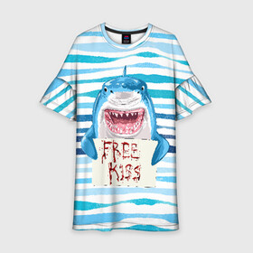 Детское платье 3D с принтом Free Kiss в Курске, 100% полиэстер | прямой силуэт, чуть расширенный к низу. Круглая горловина, на рукавах — воланы | free kiss | акула | бесплатные поцелуи | вода | кровь | море | объявление | острые зубы | поцелуй | рыба | табличка | хищник