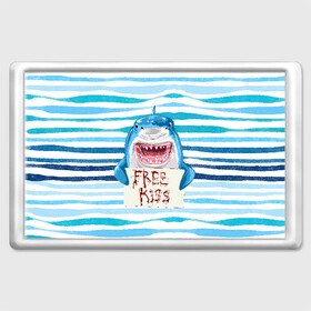 Магнит 45*70 с принтом Free Kiss в Курске, Пластик | Размер: 78*52 мм; Размер печати: 70*45 | free kiss | акула | бесплатные поцелуи | вода | кровь | море | объявление | острые зубы | поцелуй | рыба | табличка | хищник