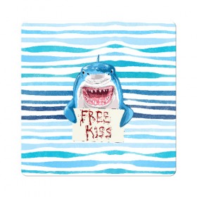 Магнит виниловый Квадрат с принтом Free Kiss в Курске, полимерный материал с магнитным слоем | размер 9*9 см, закругленные углы | free kiss | акула | бесплатные поцелуи | вода | кровь | море | объявление | острые зубы | поцелуй | рыба | табличка | хищник