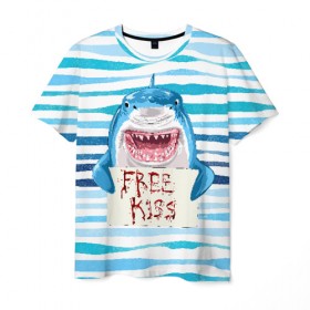 Мужская футболка 3D с принтом Free Kiss в Курске, 100% полиэфир | прямой крой, круглый вырез горловины, длина до линии бедер | free kiss | акула | бесплатные поцелуи | вода | кровь | море | объявление | острые зубы | поцелуй | рыба | табличка | хищник