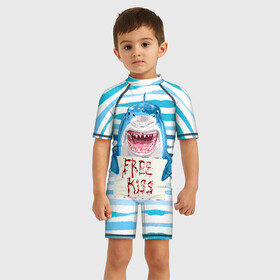Детский купальный костюм 3D с принтом Free Kiss в Курске, Полиэстер 85%, Спандекс 15% | застежка на молнии на спине | free kiss | акула | бесплатные поцелуи | вода | кровь | море | объявление | острые зубы | поцелуй | рыба | табличка | хищник