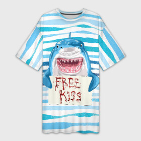 Платье-футболка 3D с принтом Free Kiss в Курске,  |  | free kiss | акула | бесплатные поцелуи | вода | кровь | море | объявление | острые зубы | поцелуй | рыба | табличка | хищник