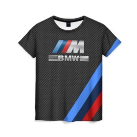 Женская футболка 3D с принтом BMW КАРБОН в Курске, 100% полиэфир ( синтетическое хлопкоподобное полотно) | прямой крой, круглый вырез горловины, длина до линии бедер | bmw | абстракция | авто | автомобиль | лого | логотип | машина | скорость