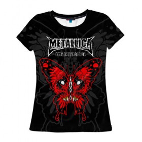 Женская футболка 3D с принтом Metallica в Курске, 100% полиэфир ( синтетическое хлопкоподобное полотно) | прямой крой, круглый вырез горловины, длина до линии бедер | american | butterfly | devil | fangs | james hetfield | kirk hammett | metal band | metallica | music | mystic | red | rock | skull | vampire | американская | бабочка | вампир | джеймс хетфилд | дьявол | кирк хэмметт | клыки | красная | ларс ульрих | мета