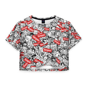Женская футболка Cropp-top с принтом Senpai ahegao в Курске, 100% полиэстер | круглая горловина, длина футболки до линии талии, рукава с отворотами | ahegao | anime | manga | senpai | аниме | ахегао | манга | паттерн | сенпай