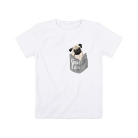 Детская футболка хлопок с принтом Мопс в кармане в Курске, 100% хлопок | круглый вырез горловины, полуприлегающий силуэт, длина до линии бедер | pug | карман | карманный мопс | малыш | милый | мопс | пес | песик | собака | собачка
