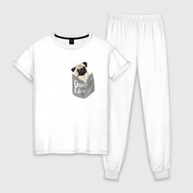 Женская пижама хлопок с принтом Мопс в кармане в Курске, 100% хлопок | брюки и футболка прямого кроя, без карманов, на брюках мягкая резинка на поясе и по низу штанин | pug | карман | карманный мопс | малыш | милый | мопс | пес | песик | собака | собачка