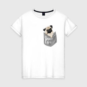 Женская футболка хлопок с принтом Мопс в кармане в Курске, 100% хлопок | прямой крой, круглый вырез горловины, длина до линии бедер, слегка спущенное плечо | pug | карман | карманный мопс | малыш | милый | мопс | пес | песик | собака | собачка