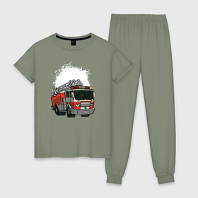 Женская пижама хлопок с принтом Пожарная Машина в Курске, 100% хлопок | брюки и футболка прямого кроя, без карманов, на брюках мягкая резинка на поясе и по низу штанин | огонь | пожар | пожарная | пожарная охрана | пожарник | пожарный