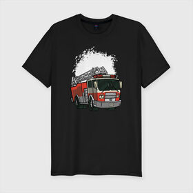 Мужская футболка премиум с принтом Пожарная Машина в Курске, 92% хлопок, 8% лайкра | приталенный силуэт, круглый вырез ворота, длина до линии бедра, короткий рукав | огонь | пожар | пожарная | пожарная охрана | пожарник | пожарный