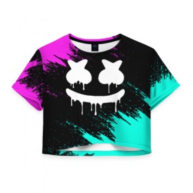 Женская футболка Cropp-top с принтом MARSHMELLO MELT в Курске, 100% полиэстер | круглая горловина, длина футболки до линии талии, рукава с отворотами | Тематика изображения на принте: america | dj | marshmello | usa | америка | брызги | краски | маршмелло