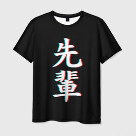 Мужская футболка 3D с принтом SENPAI GLITCH в Курске, 100% полиэфир | прямой крой, круглый вырез горловины, длина до линии бедер | ahegao | glitch | kawai | kowai | oppai | otaku | senpai | sugoi | waifu | yandere | ахегао | глитч | иероглифы | ковай | отаку | сенпай | яндере