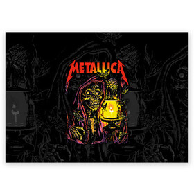 Поздравительная открытка с принтом Metallica  в Курске, 100% бумага | плотность бумаги 280 г/м2, матовая, на обратной стороне линовка и место для марки
 | Тематика изображения на принте: american | death | fly | holds | james hetfield | kirk hammett | lantern | metal band | metallica | moths | music | mysticism | rock | skeleton | skull | американская | держит | джеймс хетфилд | ларс ульрих | летают | метал группа | металлика | мистика | 