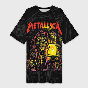 Платье-футболка 3D с принтом Metallica в Курске,  |  | american | death | fly | holds | james hetfield | kirk hammett | lantern | metal band | metallica | moths | music | mysticism | rock | skeleton | skull | американская | держит | джеймс хетфилд | ларс ульрих | летают | метал группа | металлика | мистика | 