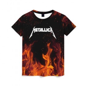 Женская футболка 3D с принтом METALLICA (НА СПИНЕ) в Курске, 100% полиэфир ( синтетическое хлопкоподобное полотно) | прямой крой, круглый вырез горловины, длина до линии бедер | fire | flame | metallica | металлика | огонь | пламя