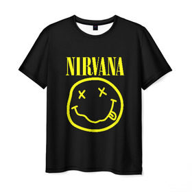 Мужская футболка 3D с принтом NIRVANA в Курске, 100% полиэфир | прямой крой, круглый вырез горловины, длина до линии бедер | Тематика изображения на принте: nirvana | smile | курт кобейн | нирвана | смайл