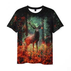 Мужская футболка 3D с принтом Олень в горящем лесу Сибири в Курске, 100% полиэфир | прямой крой, круглый вырез горловины, длина до линии бедер | животные | лес | огонь | олень | пламы | пожар | сибирь