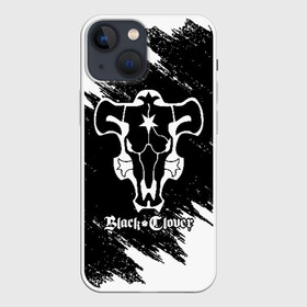 Чехол для iPhone 13 mini с принтом Черный Бык на бело черном фоне в Курске,  |  | asta | black bull | black clover | bull | clover | аста | бык | клевер | чёрный бык | чёрный клевер