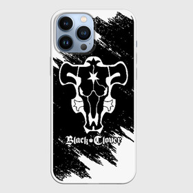 Чехол для iPhone 13 Pro Max с принтом Черный Бык на бело черном фоне в Курске,  |  | Тематика изображения на принте: asta | black bull | black clover | bull | clover | аста | бык | клевер | чёрный бык | чёрный клевер