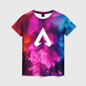 Женская футболка 3D с принтом Apex Legends в Курске, 100% полиэфир ( синтетическое хлопкоподобное полотно) | прямой крой, круглый вырез горловины, длина до линии бедер | apex | apex legends | дым | игра | красочный дым | лого